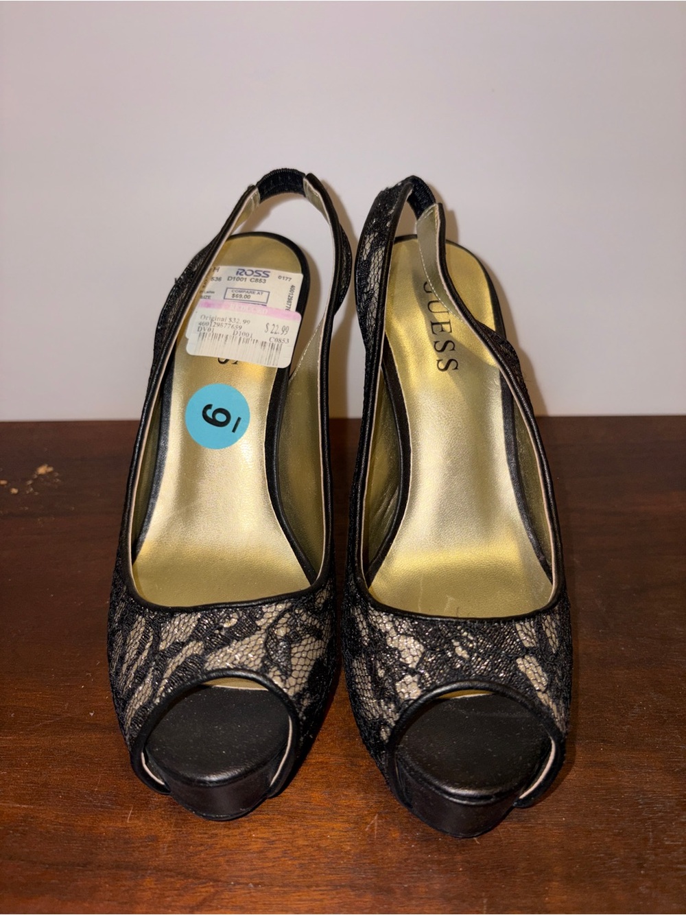 GUESS Black Lace Peep-Toe Slingback Heels